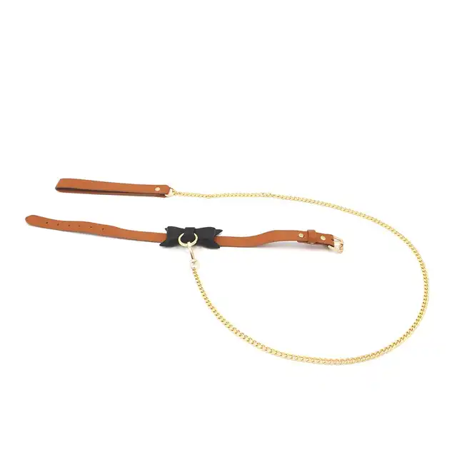 O-Products - Brown Leather Bow Tie Collar&amp;Leash. Elegancka obroża z kokardką i smyczą ze skóry wegańskiej 