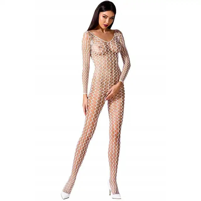Passion - BS068 Bodystocking White - seksowny biały bodystocking z otwartym krokiem