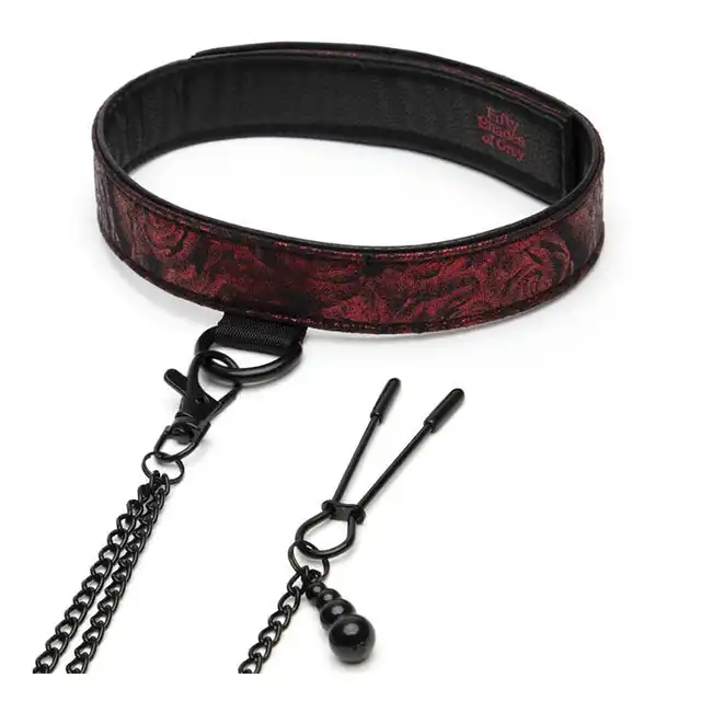 Fifty Shades of Grey - Sweet Anticipation Collar Nipple Clamps - doskonała obroża połączona z zaciskami na sutki. Luksusowa sesja BDSM