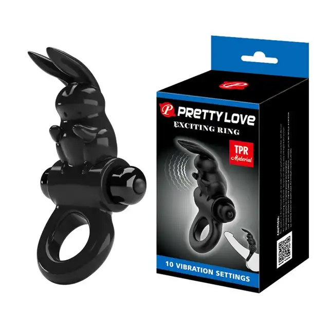 Pretty Love - Exciting Ring - czarny ring na penisa z króliczkiem i możliwością stymulacji łechtaczki 