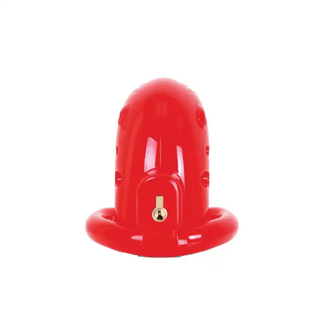 Malesation - Chastity Cage. Krwisto czerwona klatka na penisa. Zamykana na mosiężny zamek. W zestawie trzy pierścienie. 