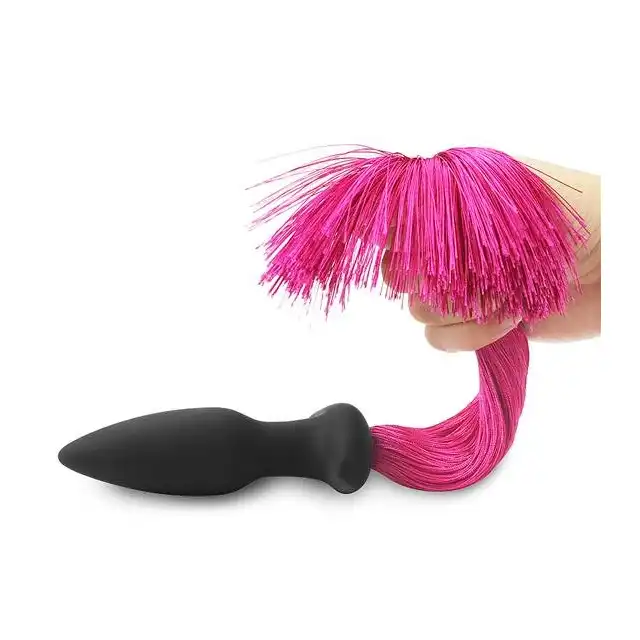LoveToy - Anal Plug with Pony Tail Red - czarny korek analny z seksowym, czerwonym ogonem