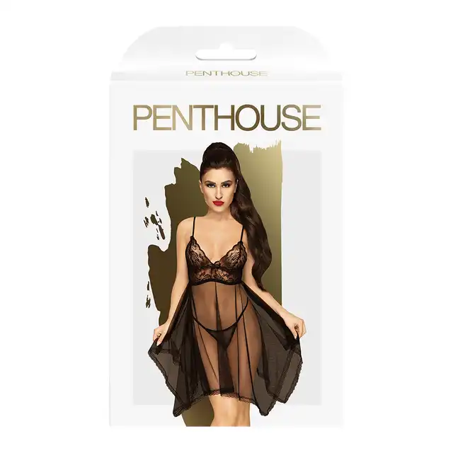 Penthouse - Naughty Doll S/M Black. Zwiewna, asymetryczna, czarna koszulka. Kuszący prześwit