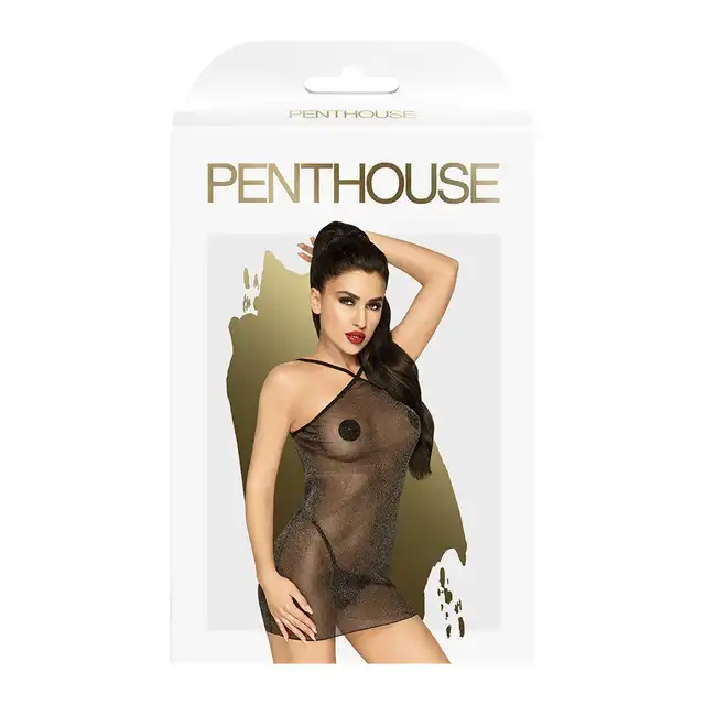 Penthouse - Bombshell S/M Black. Zjawiskowa, połyskująca sukienka mini. Zabłyśnij przed swoim partnerem