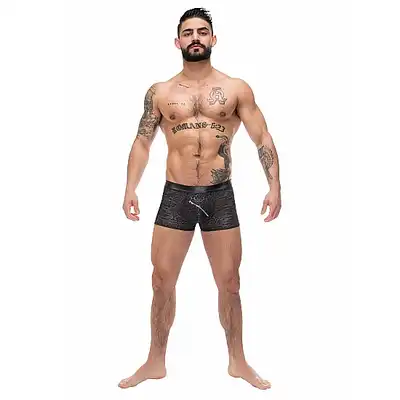 Male Power - Zip Pouch Short S. Czarne seksowne bokserki z ukośnym zamkiem 