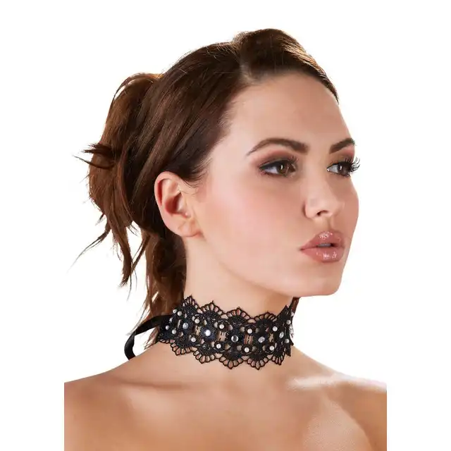 Cottelli Collection - Stickereiband. Elegancki haftowany choker z perłami i kryształkami