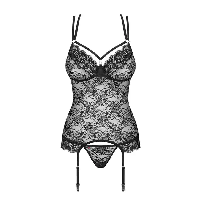 Obsessive - 860-COR-1 gorset i stringi czarny S/M.  Zmysłowo kobiecy gorset z koronką w róże 
