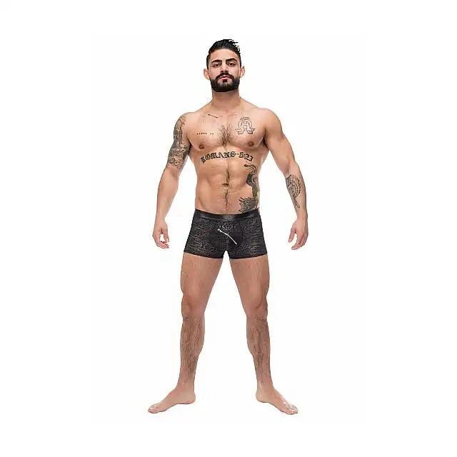 Male Power - Zip Pouch Short S. Czarne seksowne bokserki z ukośnym zamkiem 