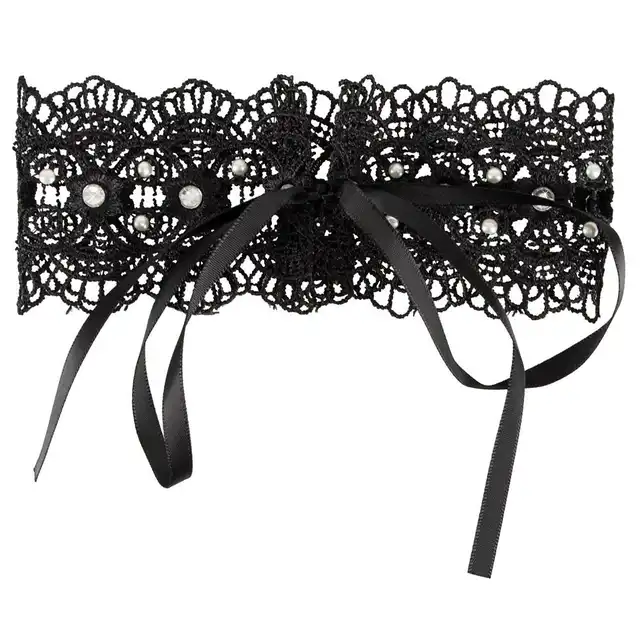 Cottelli Collection - Stickereiband. Elegancki haftowany choker z perłami i kryształkami