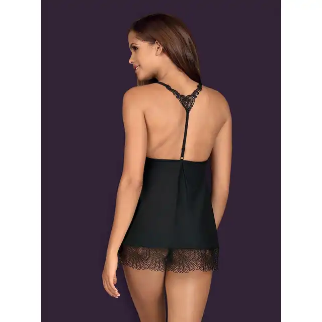 Obsessive -Chiccanta babydoll i stringi czarna S/M. Mega kobieca koszulka z ozdobnym serduszkiem na plecach. Mega sale!