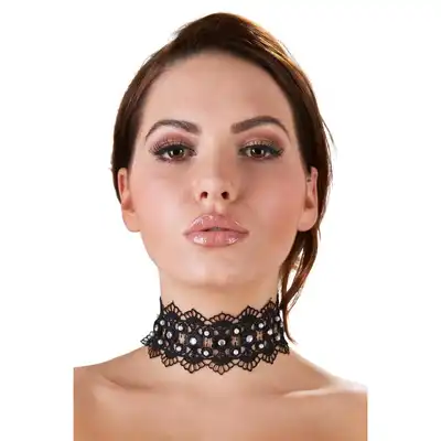 Cottelli Collection - Stickereiband. Elegancki haftowany choker z perłami i kryształkami