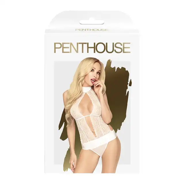 Penthouse - Perfect Lover S/M White. Seksowne body z uwodzicielskim wycięciem w kwiatową koronkę.