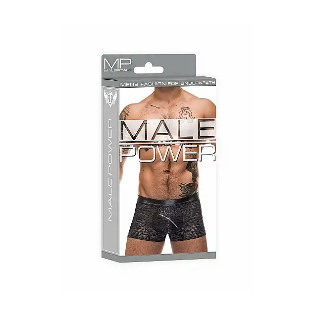 Male Power - Zip Pouch Short S. Czarne seksowne bokserki z ukośnym zamkiem 