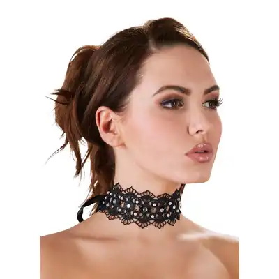 Cottelli Collection - Stickereiband. Elegancki haftowany choker z perłami i kryształkami