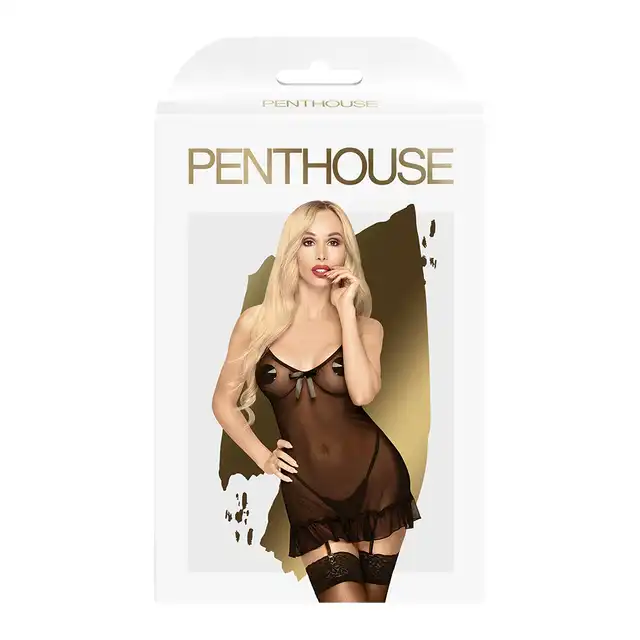 Penthouse - Guilty Icon S/M Black. Czarna, transparentna sukienka mini z falbanką i kokardką.