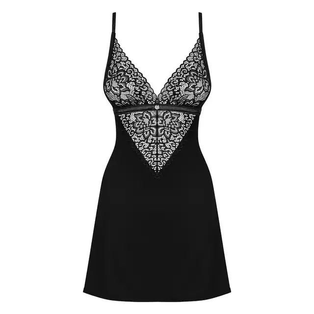 Obsessive - Cecilla chemise L/XL  - seksowna czarna koszulka i stringi. Rozgrzej atmosferę!