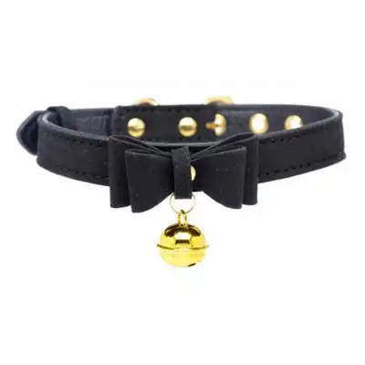 Master Series - Golden Kitty Collar. Obroża dla seksownego kociaka z dzwoneczkiem i kokardką. Wegańska skóra 