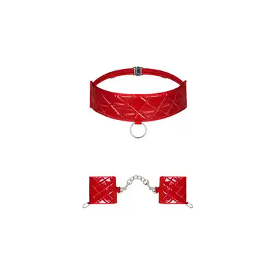 Obsessive -Hunteria kajdanki i choker O/S. Luksusowy pikowany zestaw BDSM w kolorze czerwonym 