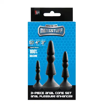 DreamToys - MenzStuff 3-PC Anal Cone Set. Czarny zestaw korków analnych w kształcie podobnym do choinki. Nowy kształt- nowa przyjemność.