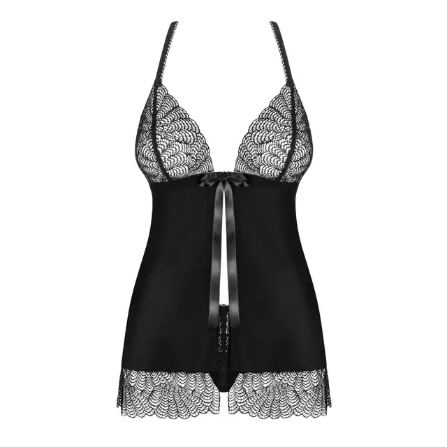 Obsessive -Chiccanta babydoll i stringi czarna S/M. Mega kobieca koszulka z ozdobnym serduszkiem na plecach. Mega sale!