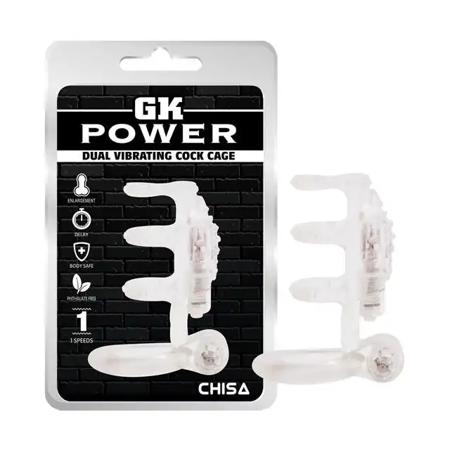 Gk Power - Dual Vibrating Cock Cage - klatka na penisa z wibrującym ringiem. Zniewolenie i przyjemność w jednym 