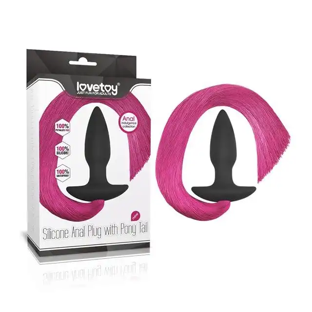 LoveToy - Anal Plug with Pony Tail Red - czarny korek analny z seksowym, czerwonym ogonem