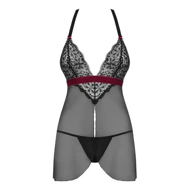 Obsessive - Rossita babydoll S/M. Czarna koszulka z eleganckim welurowym paskiem bordo. Mega sale!