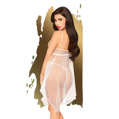 Penthouse - Naughty Doll S/M White. Zwiewna, asymetryczna, biała koszulka. Kuszący prześwit