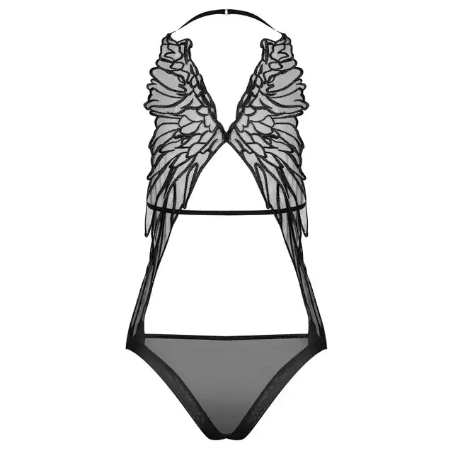 Obsessive - Alifini Body L/XL. Seksowne czarne body z motywem skrzydeł 