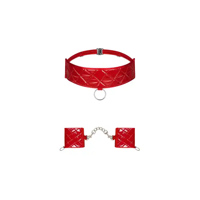Obsessive -Hunteria kajdanki i choker O/S. Luksusowy pikowany zestaw BDSM w kolorze czerwonym 
