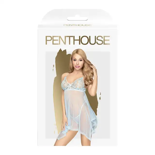 Penthouse - Naughty Doll S/M Blue. Zwiewna, asymetryczna, błękitna koszulka. Kuszący prześwit