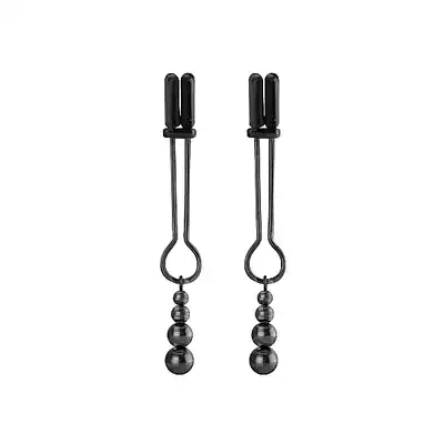 Ouch! - Teasing Nipple Clamp. Czarne klamerki na sutki z eleganckimi zawieszkami. Idealne dopełnienie erotycznej stylizacji