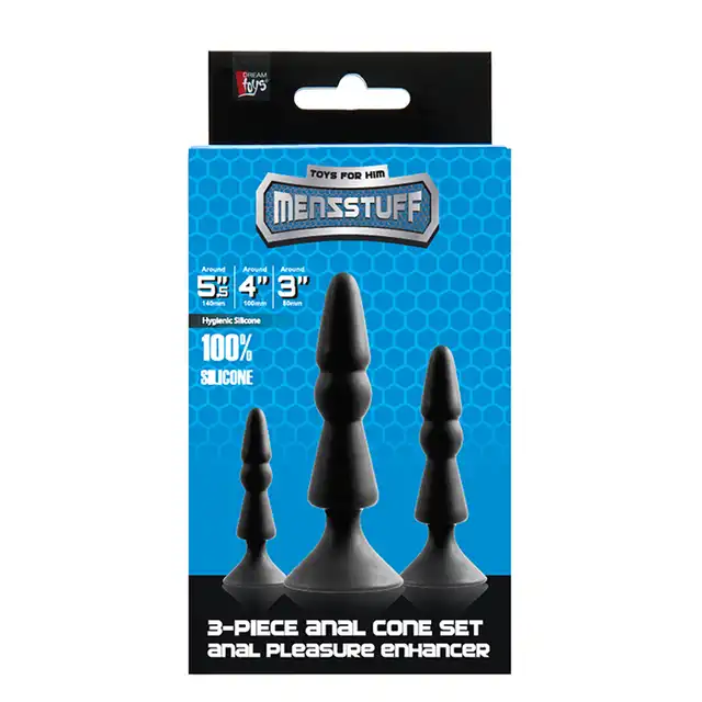 DreamToys - MenzStuff 3-PC Anal Cone Set. Czarny zestaw korków analnych w kształcie podobnym do choinki. Nowy kształt- nowa przyjemność.