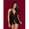 Obsessive - Rossita babydoll S/M. Czarna koszulka z eleganckim welurowym paskiem bordo. Mega sale!