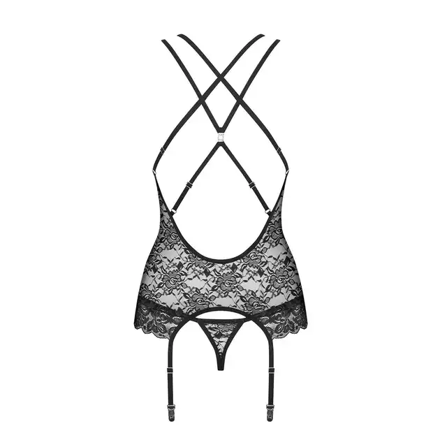 Obsessive - 860-COR-1 gorset i stringi czarny S/M.  Zmysłowo kobiecy gorset z koronką w róże 