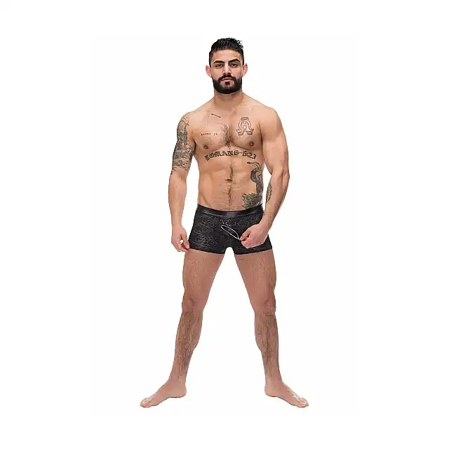 Male Power - Zip Pouch Short S. Czarne seksowne bokserki z ukośnym zamkiem 