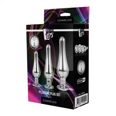 Dream Toys - Gleaming Love Pleasure Set Silver. Srebrny, smukły zestaw treningowy plugów analnych z kryształkami.