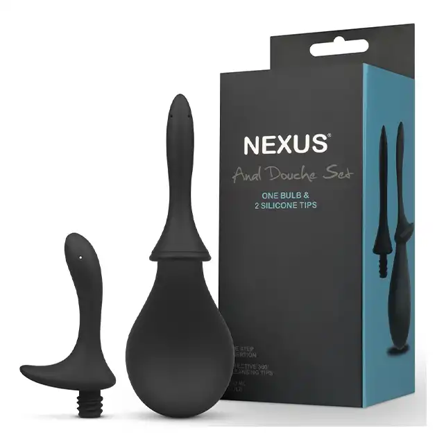 Nexus - Douche Set. Czarny zestaw analny. Gruszka do lewatywy z dwoma wymiennymi końcami. Czysta zabawa analna.