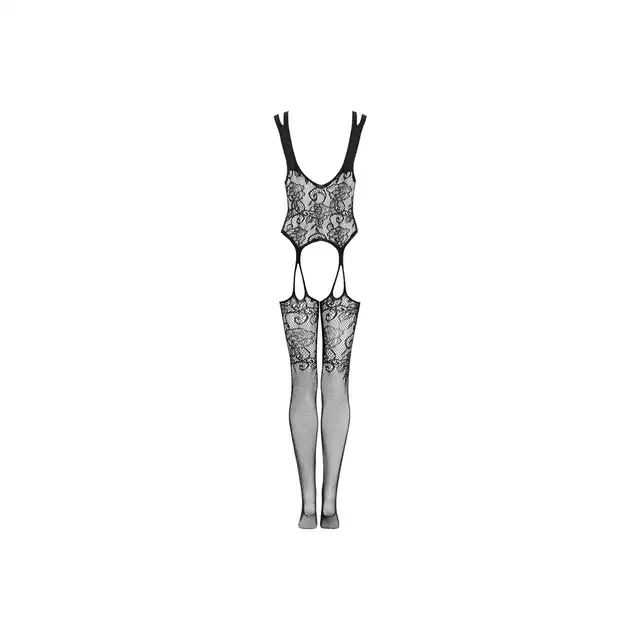 Obsessive - Bodystocking F237 S/M/L. Elegancki bodystocking z głębokim dekoltem i kwiatową koronką 