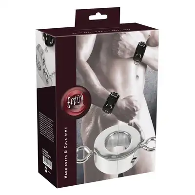 Fetish Collection - Handcuffs &amp; Cock Ring. Kajdanki z ringiem na penisa, zamykane specjalnym kluczem. Nowy wymiar zniewolenia 