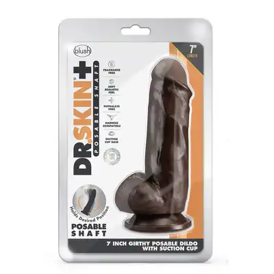 DR. SKIN PLUS  7 INCH GIRTHY POSABLE DILDO WITH BALLS  CHOCOLATE