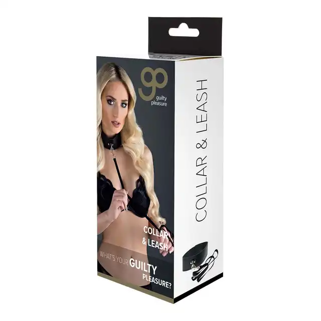 Guilty Pleasure BDSM - Collar And Leash. Zestaw do zniewalania. Obroża z dopinaną smyczą. Prosty, elegancki design