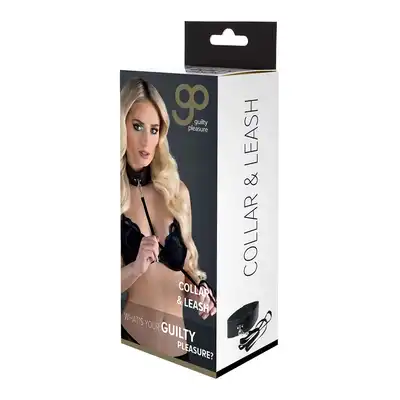 Guilty Pleasure BDSM - Collar And Leash. Zestaw do zniewalania. Obroża z dopinaną smyczą. Prosty, elegancki design
