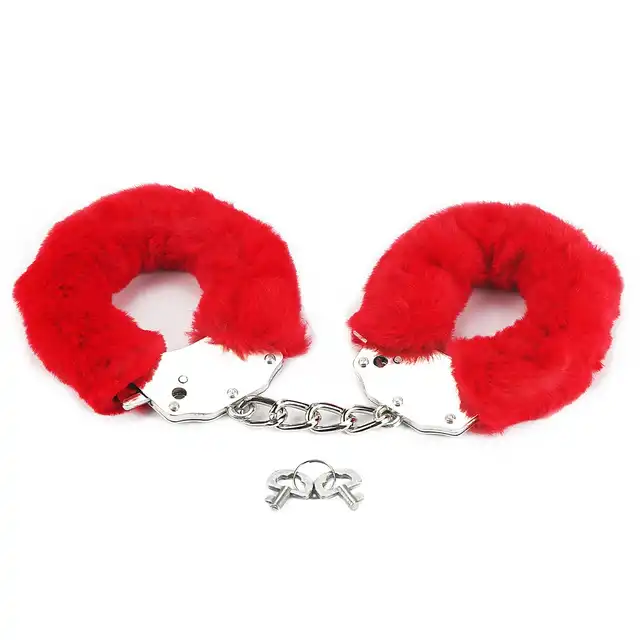 Love Toy - Fetish Pleasure Red Fluffy Hand Cuffs - czerwone, trwałe kajdanki z uroczym i przyjemnym futerkiem