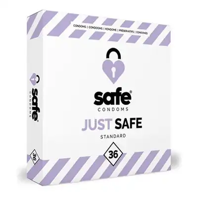 Safe Condoms - Just Safe Standard 36 - standardowe prezerwatywy z lubrykantem. Przyjemność z bezpiecznych zabaw 