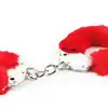 Love Toy - Fetish Pleasure Red Fluffy Hand Cuffs - czerwone, trwałe kajdanki z uroczym i przyjemnym futerkiem