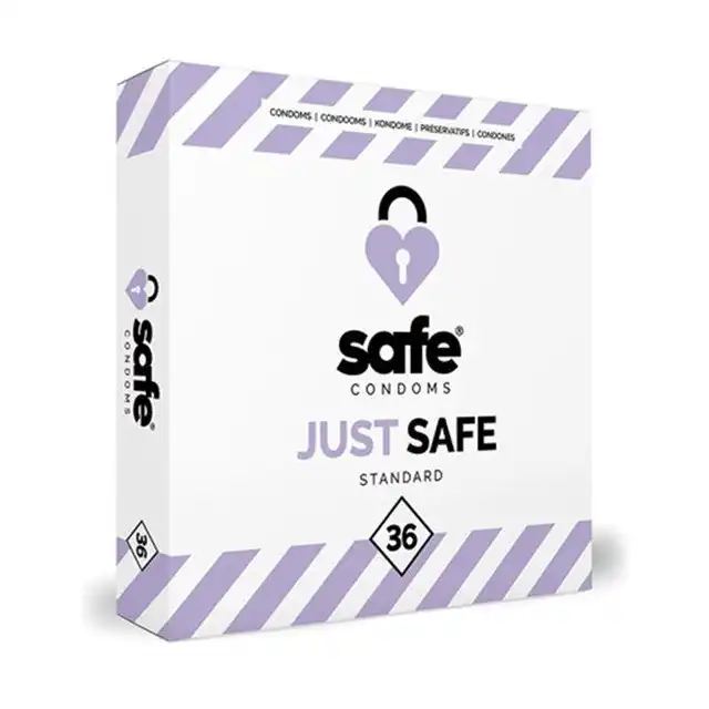 Safe Condoms - Just Safe Standard 36 - standardowe prezerwatywy z lubrykantem. Przyjemność z bezpiecznych zabaw 