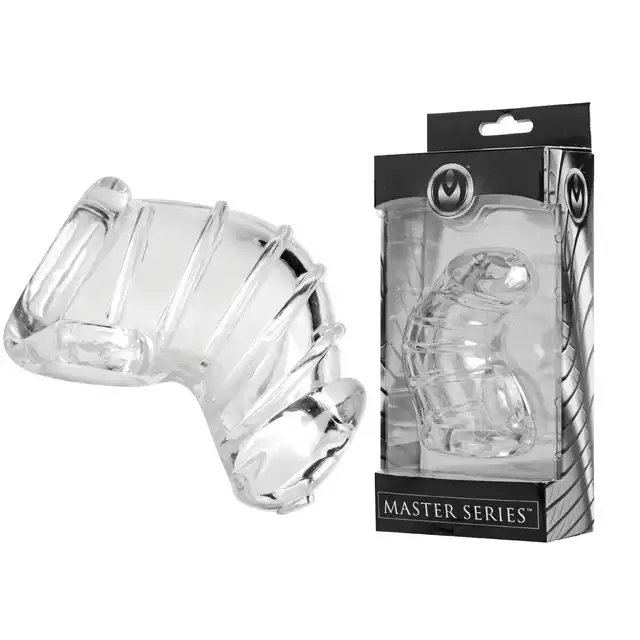 Master Series - Detained Soft Chastity Cage. Klatka na penisa ze specjalnym otworem na końcu, by nic nie ograniczało Twoich wytrysków