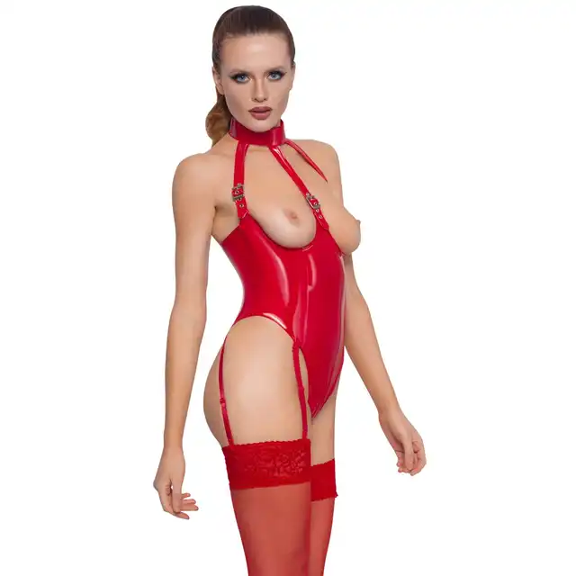 Black Level - Vinyl Body Red L - winylowe body z otwartym krokiem i kusząco podkreślonym biustem 
