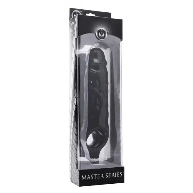 Master Series - AD425 Mamba Black. Czarna przedłużka na penisa 16,2 cm. Bardzo estetyczna z ringiem pod jądra!